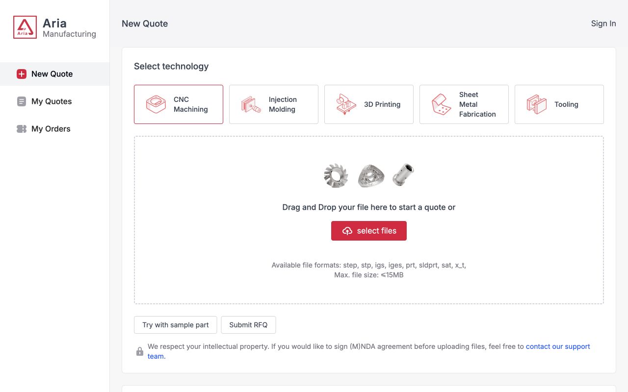 ARIA quoting system with process selection and CAD file upload