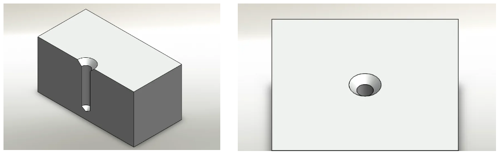 Countersink hole cross-section showing the conical recess, pilot hole, and flat-head screw sitting flush with the workpiece surface