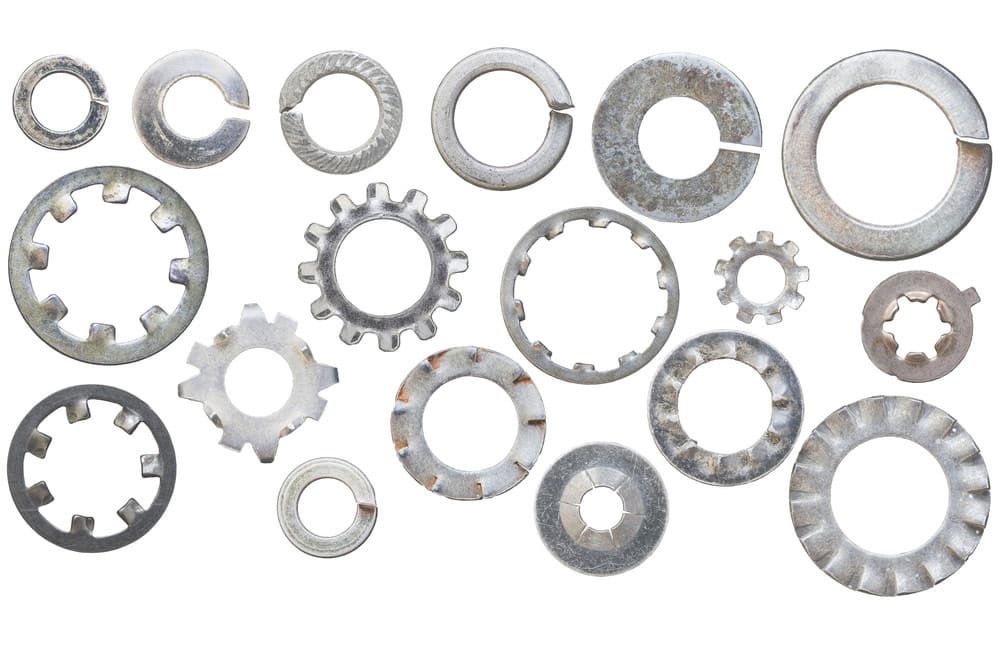 Types of washers including flat, lock, spring, wave, countersunk, C, shoulder, and fender washers