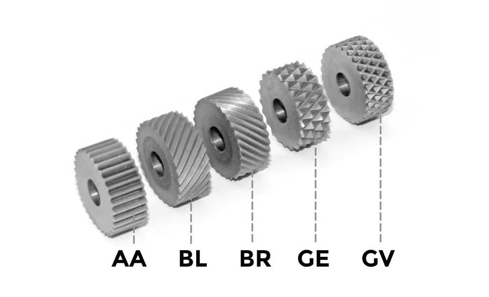 Common knurling patterns including straight, diagonal and diamond knurl on cylindrical parts