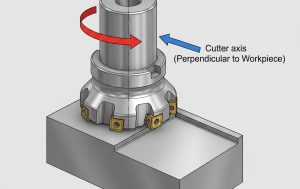 Face milling cutter with indexable inserts machining a flat surface, cutter axis perpendicular to workpiece